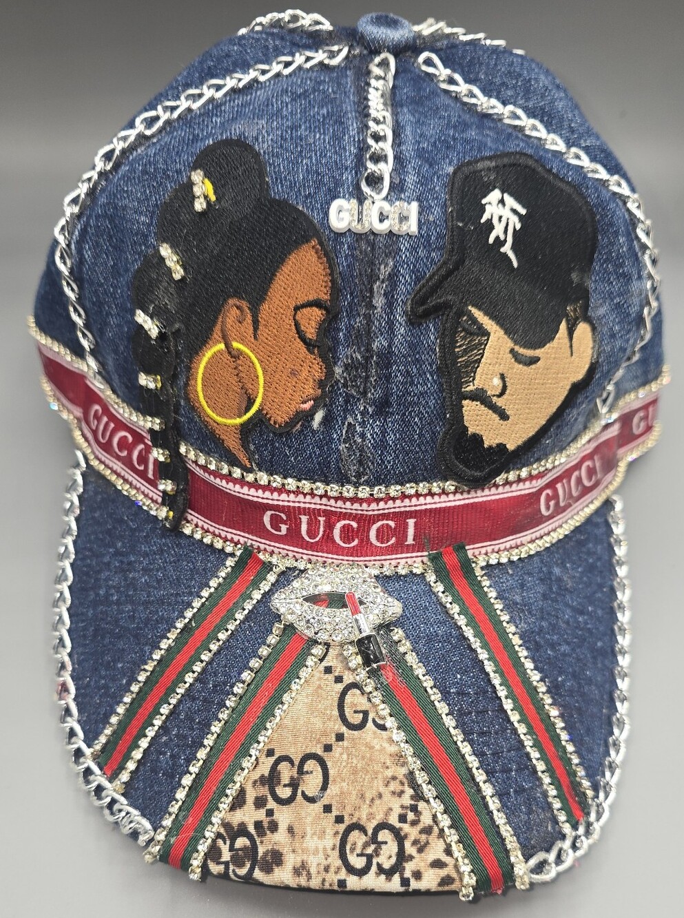 Denim Embroidered Baseball Cap with Red & Green Web